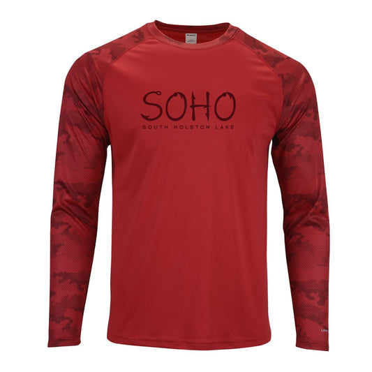 Red long-sleeve shirt with 'Soho South Holston Lake' text on a white background