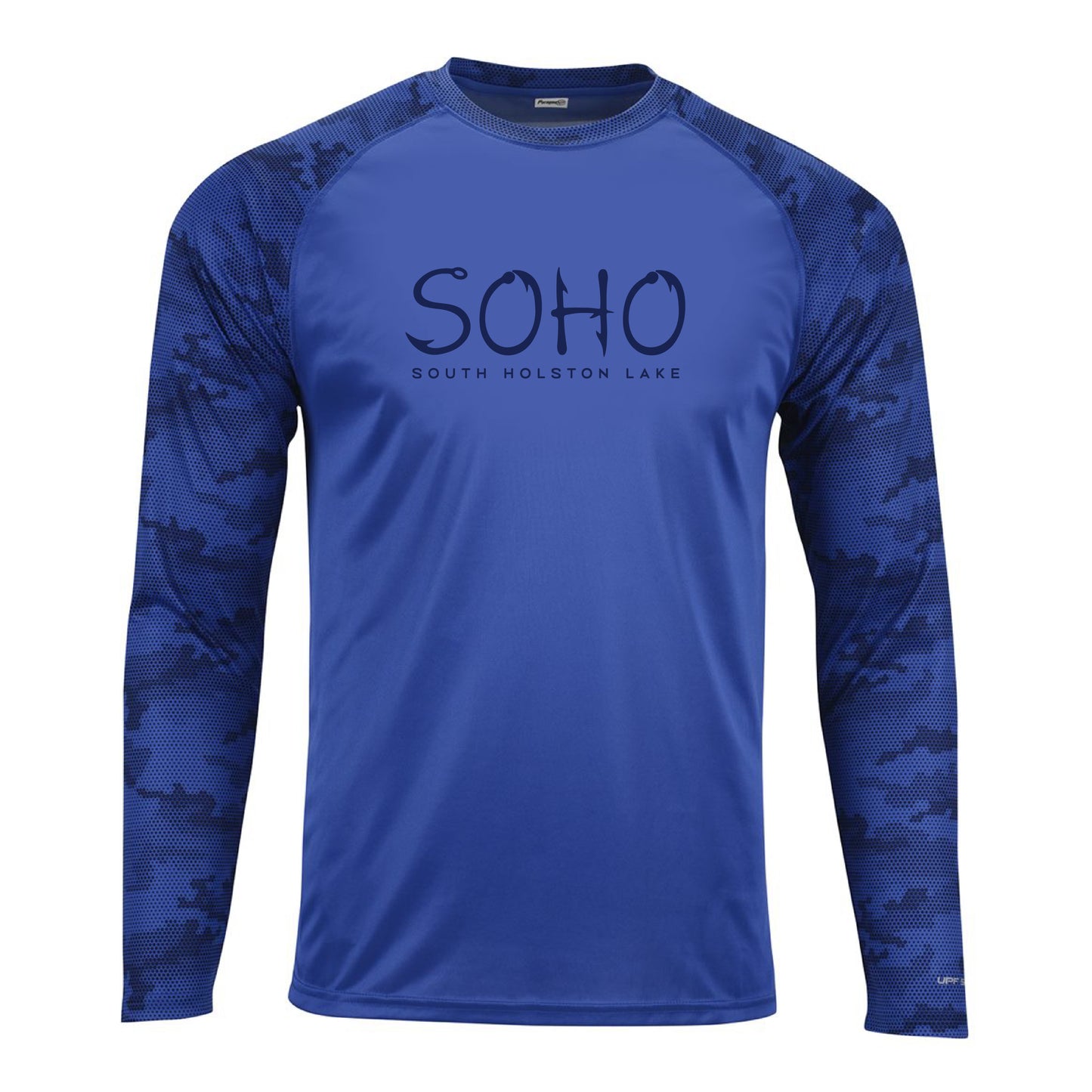 Blue long-sleeve shirt with camouflage sleeves and 'SOHO South Holston Lake' text on a white background