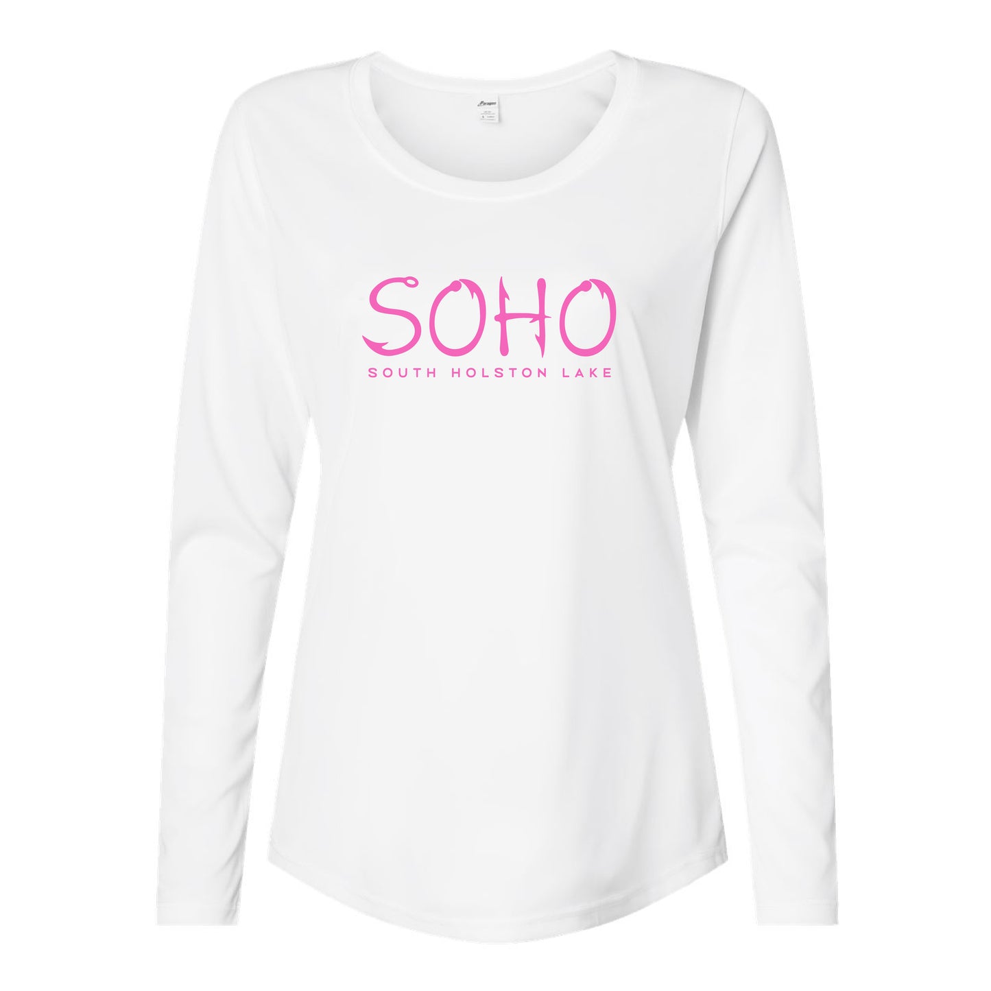White long-sleeve shirt with pink 'SOHO' text on a white background