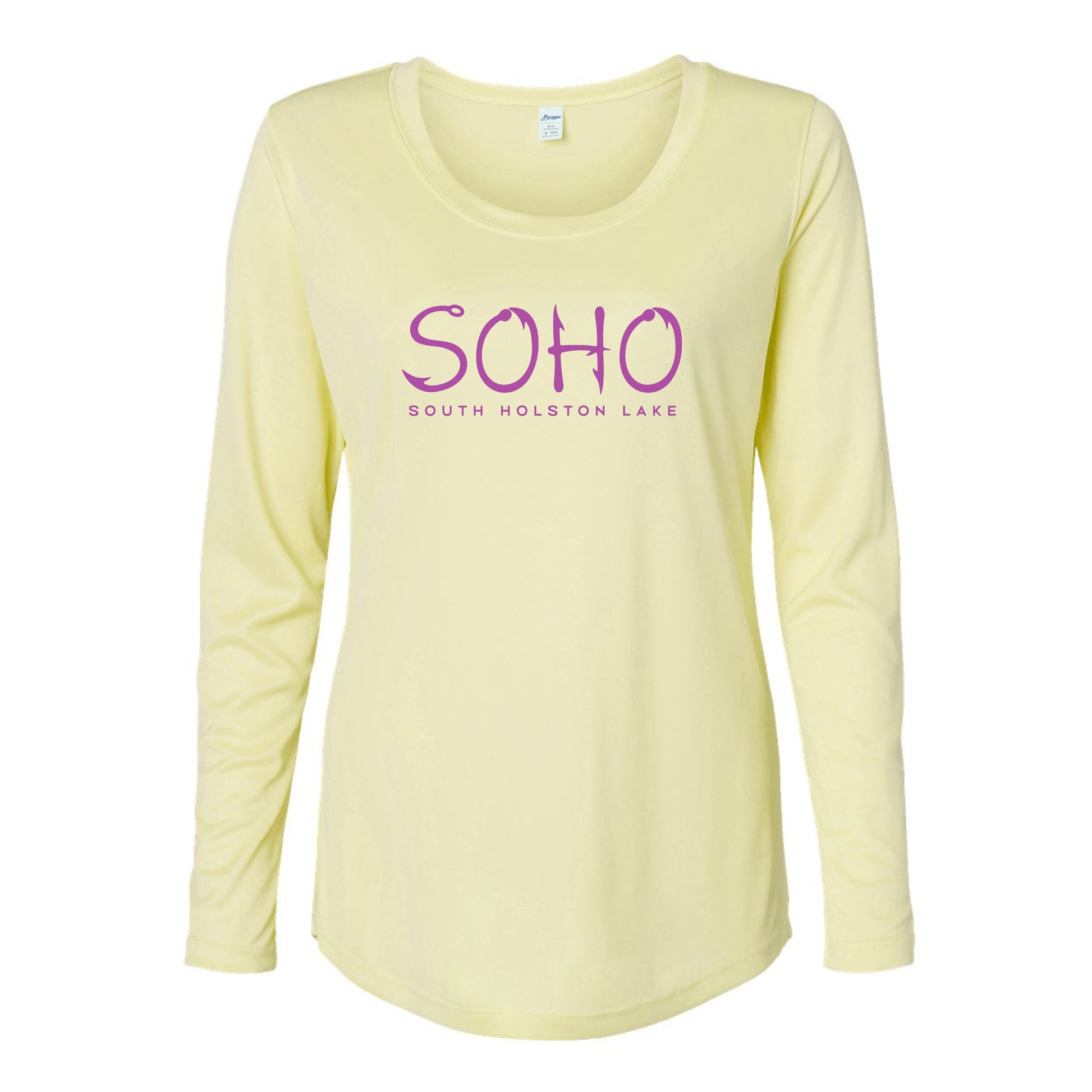 Yellow long-sleeve shirt with 'SOHO South Holston Lake' text on a white background