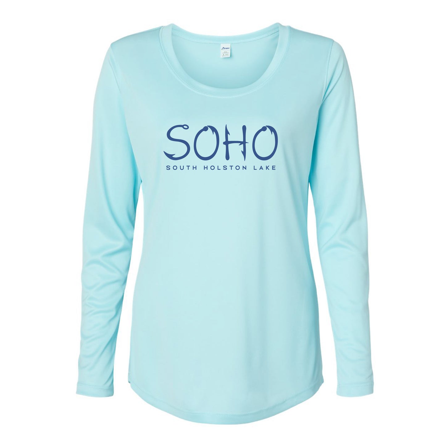 Light blue long-sleeve shirt with 'SOHO South Holston Lake' text on a white background
