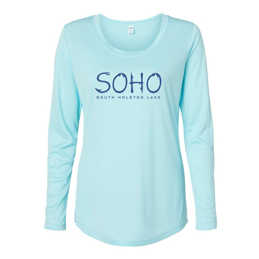 Light blue long-sleeve shirt with 'SOHO South Holston Lake' text on a white background