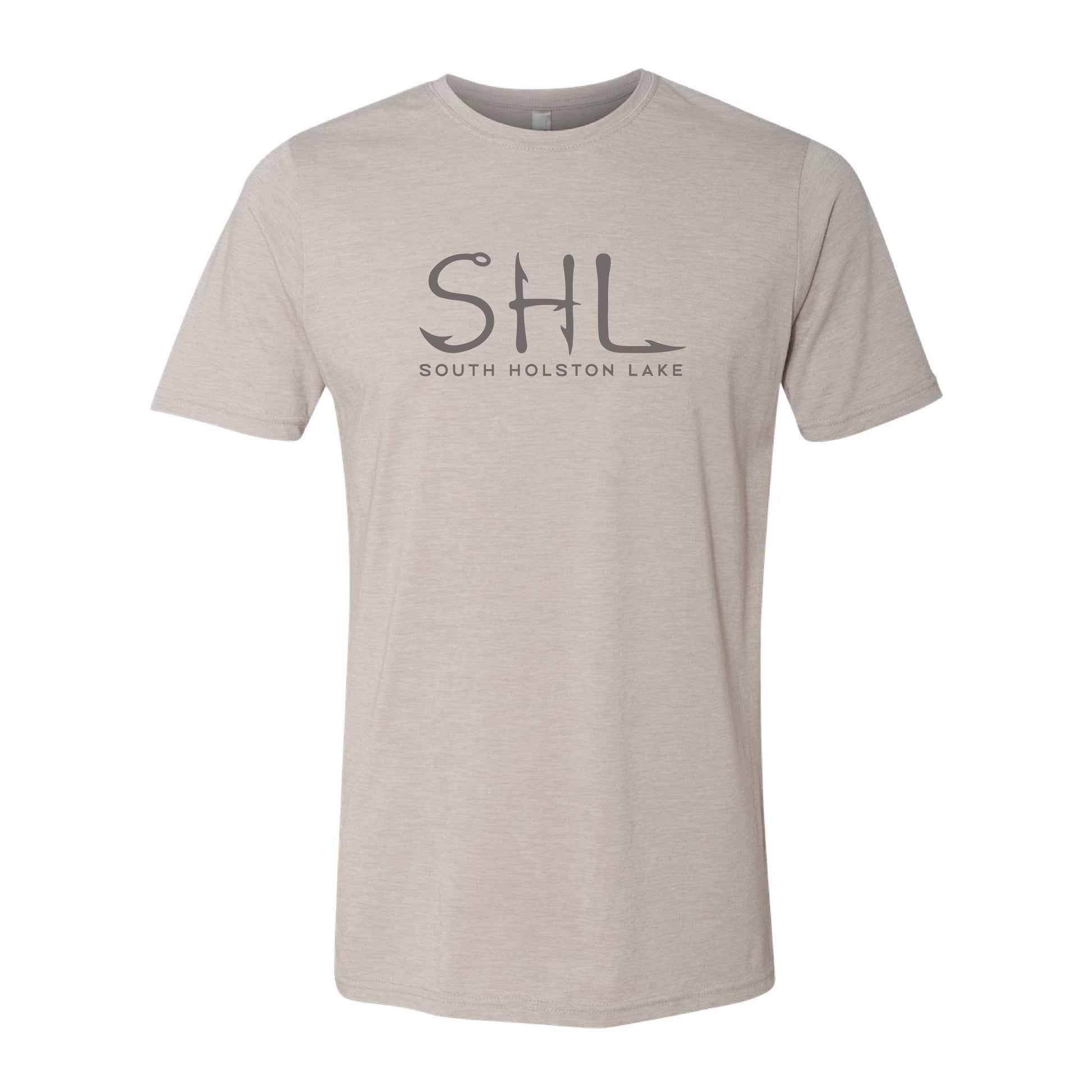 Beige t-shirt with 'SHL South Holston Lake' text on a white background