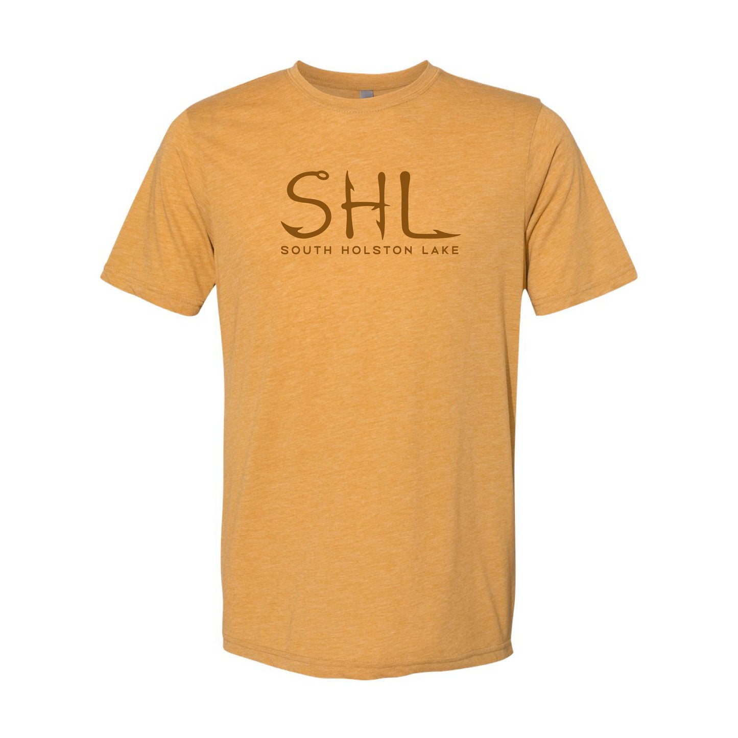 Mustard yellow t-shirt with 'SHL South Holston Lake' text on a white background