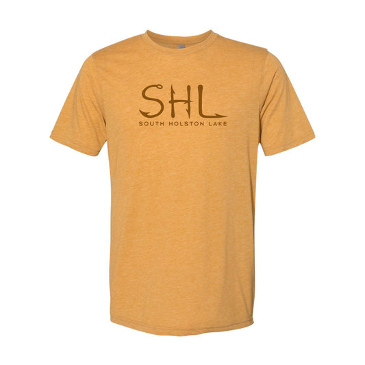 Mustard yellow t-shirt with 'SHL South Holston Lake' text on a white background