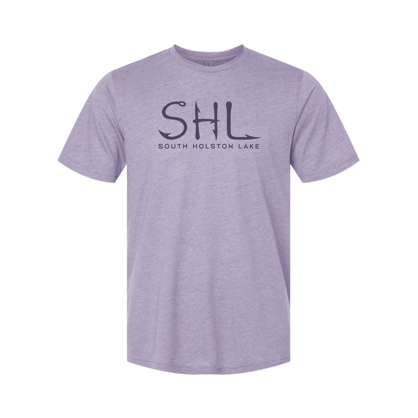 Purple t-shirt with 'SHL South Holston Lake' text on a white background