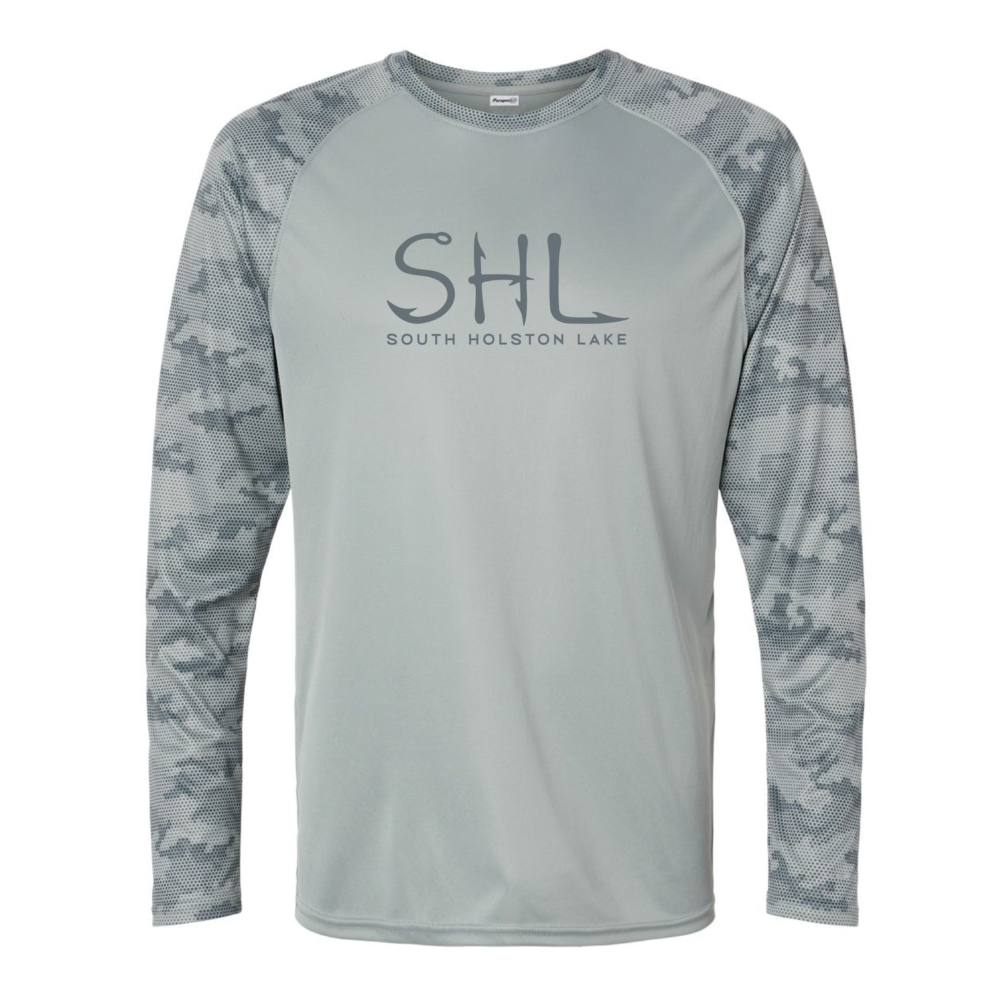 Gray long-sleeve shirt with camouflage sleeves and 'SHL South Holston Lake' text on a white background