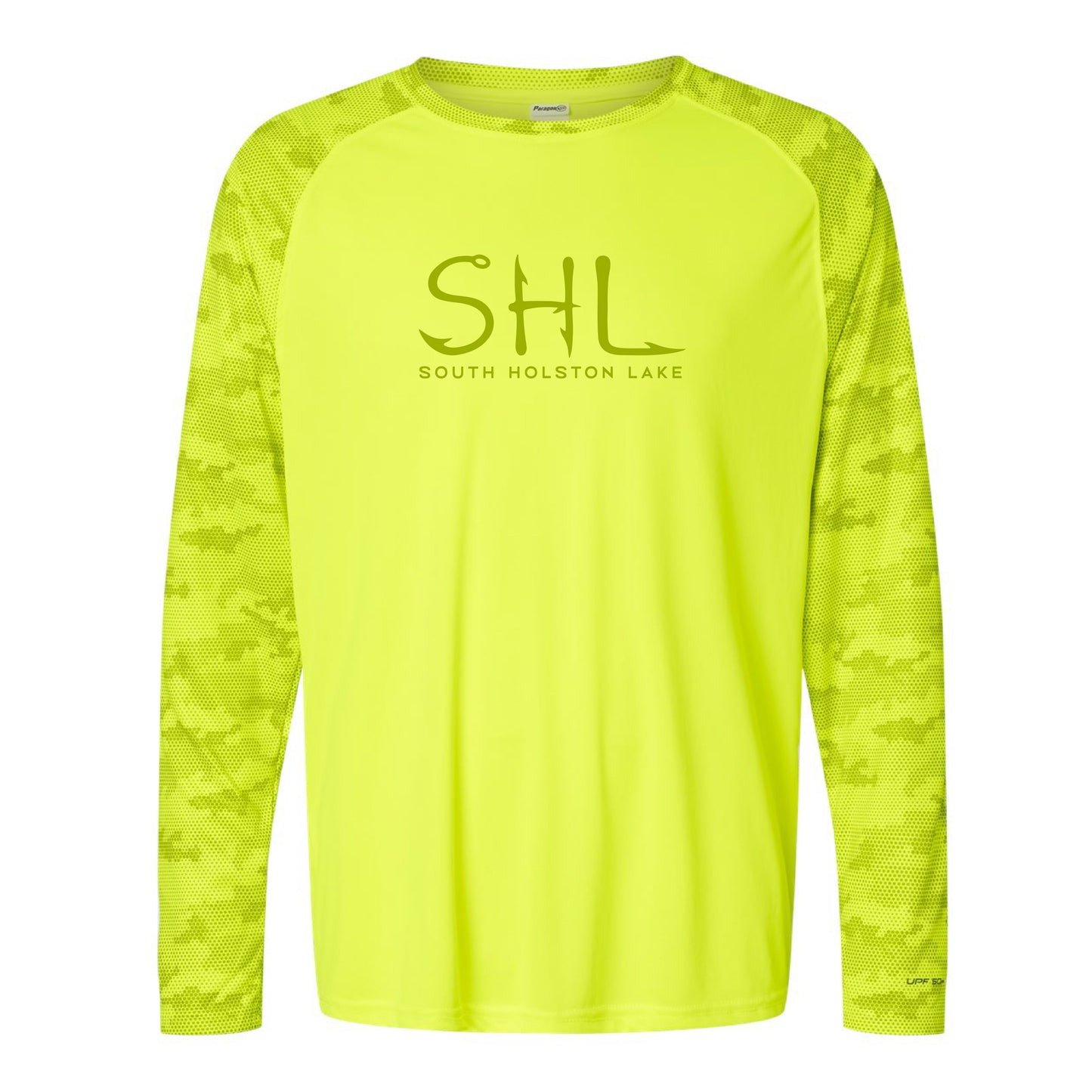 Bright yellow long-sleeve shirt with 'SHL South Holston Lake' text on a white background