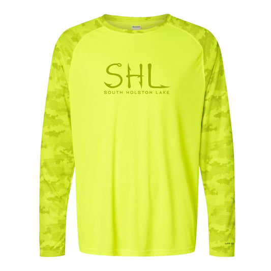Bright yellow long-sleeve shirt with 'SHL South Holston Lake' text on a white background