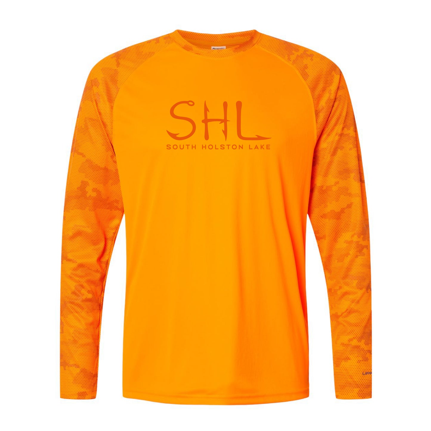 Orange long-sleeve shirt with 'SHL South Holston Lake' text on a white background