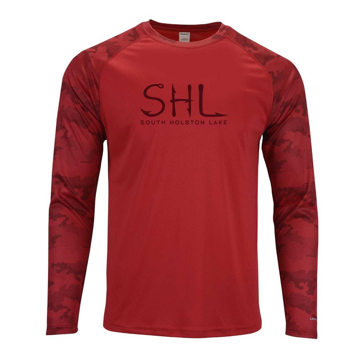 Red long-sleeve shirt with 'SHL South Holston Lake' text on a white background