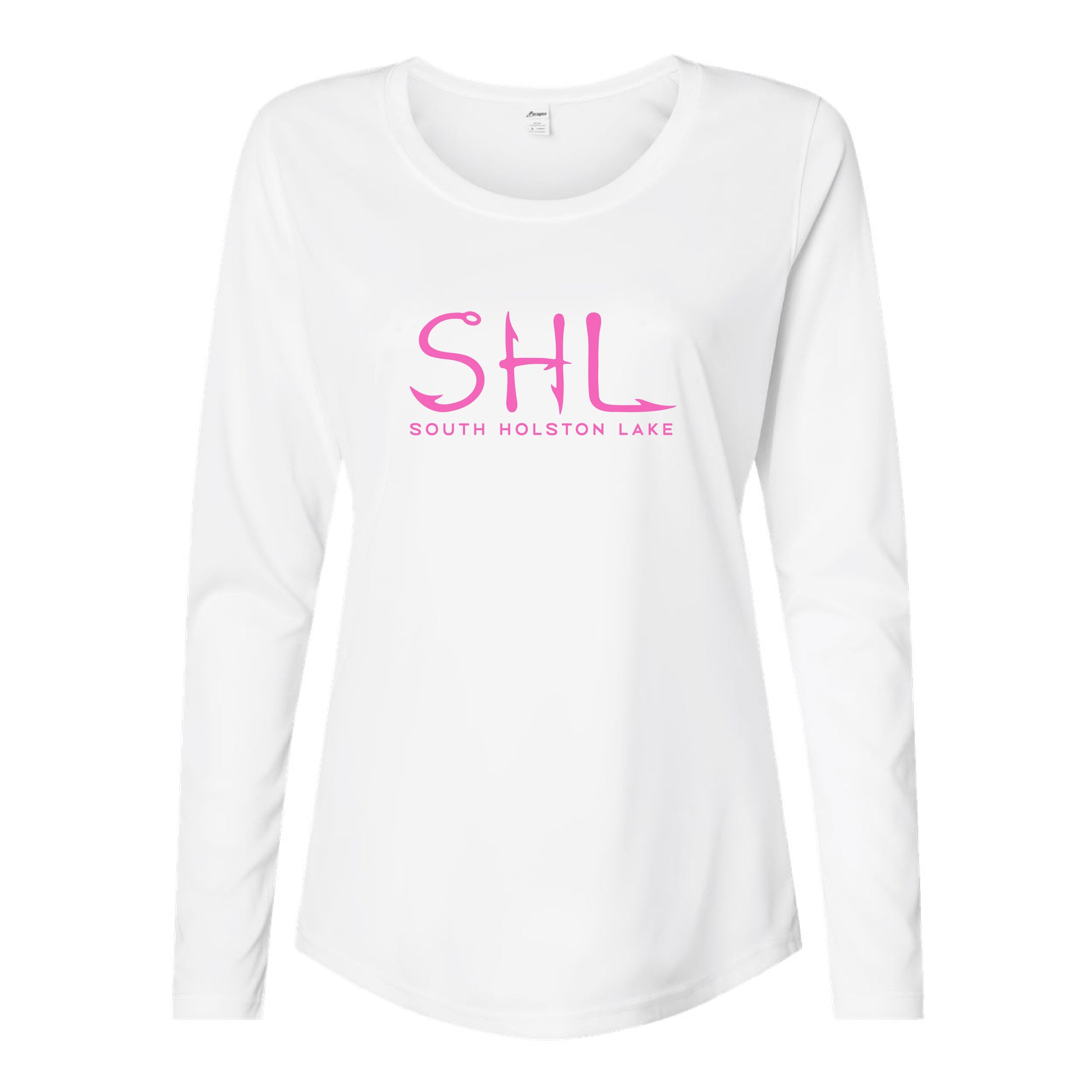 White long-sleeve shirt with pink text 'SHL South Holston Lake' on a white background