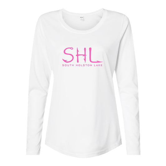 White long-sleeve shirt with pink text 'SHL South Holston Lake' on a white background