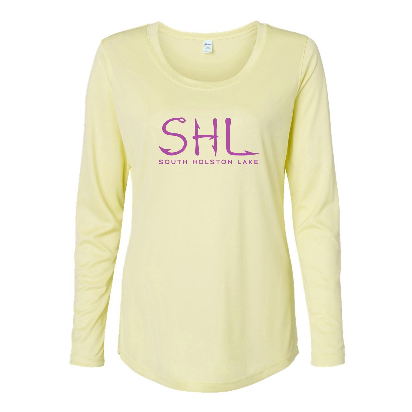 Yellow long-sleeve shirt with 'SHL South Holston Lake' text on a white background